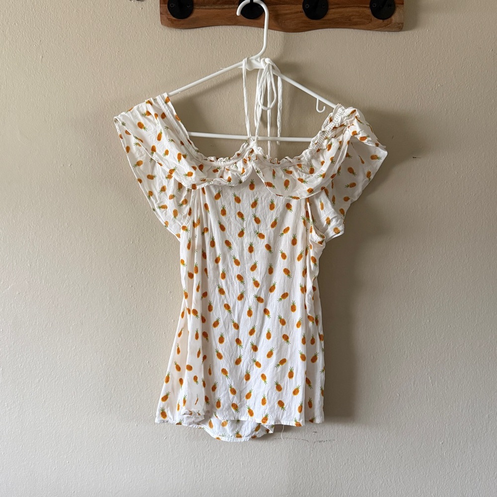 Anthropologie Larke Pineapple Print Sheer Halter Neck Ruffle Blouse Size XSP